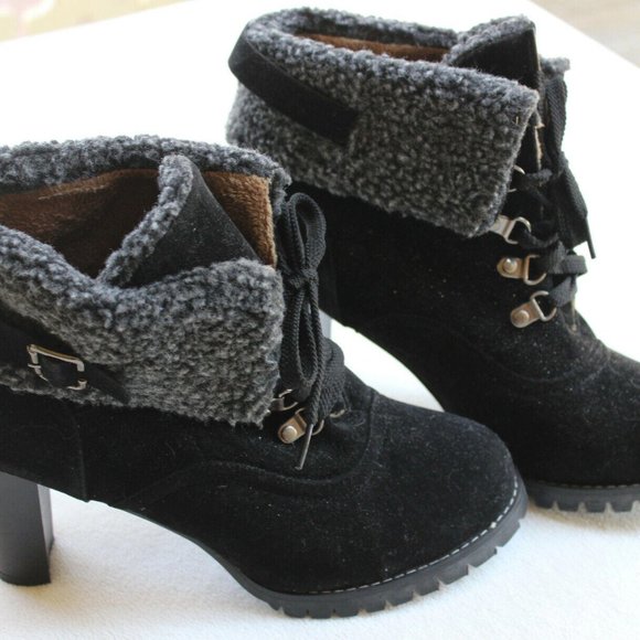 Shoes - NEW BLACK FAUX SUEDE BOOTS FUR TRIM 3 ½” HEELS WOMENS SIZE 43 / US 10